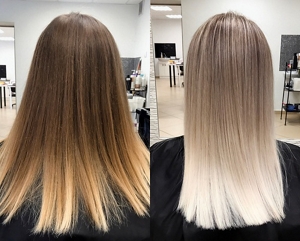 Side by side shots showing brassy, orange blonde hair after toning ash blonde